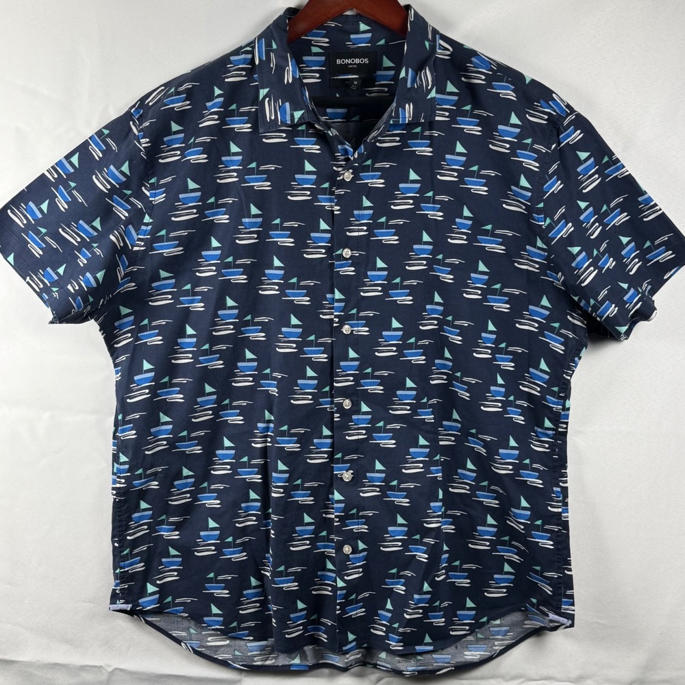 Bonobos Mens XL Standard Fit Stretch Short Sleeve Button Down Sailboat Shirt